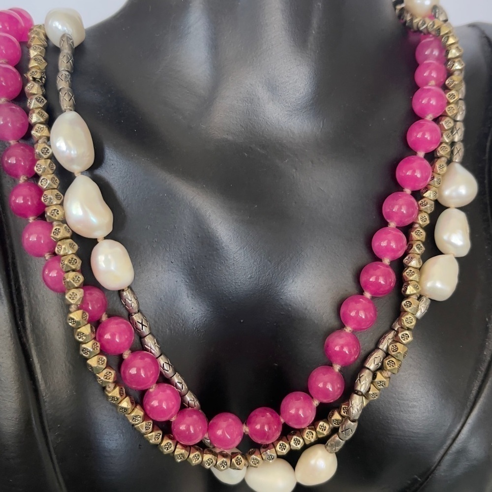 Pink crystal freshwater pearl three strand necklace